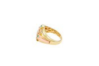 14KT Gold Ring Men's Round Two Tone Anchor White CZ Stones Background White CZ Stones Border Green CZ Stone on North, South, West, and East Border of the Ring
