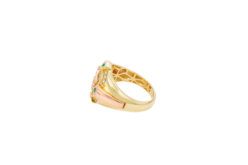 14KT Gold Ring Men's Round Two Tone Anchor White CZ Stones Background White CZ Stones Border Green CZ Stone on North, South, West, and East Border of the Ring