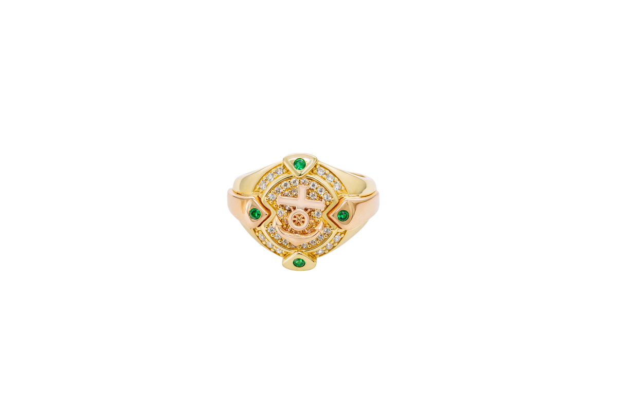 14KT Gold Ring Men's Round Two Tone Anchor White CZ Stones Background White CZ Stones Border Green CZ Stone on North, South, West, and East Border of the Ring