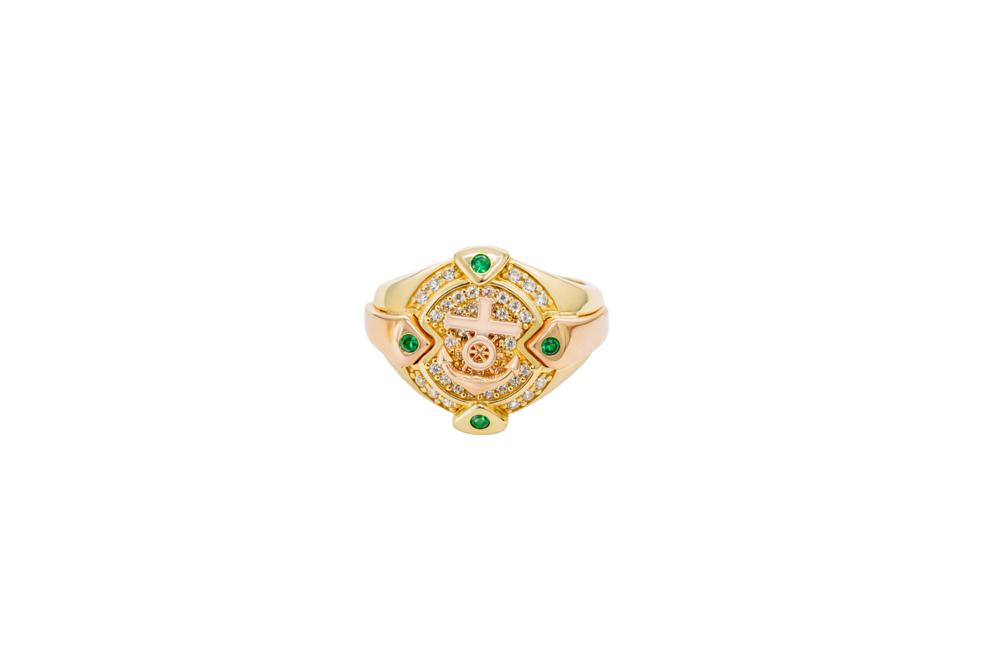 14KT Gold Ring Men's Round Two Tone Anchor White CZ Stones Background White CZ Stones Border Green CZ Stone on North, South, West, and East Border of the Ring