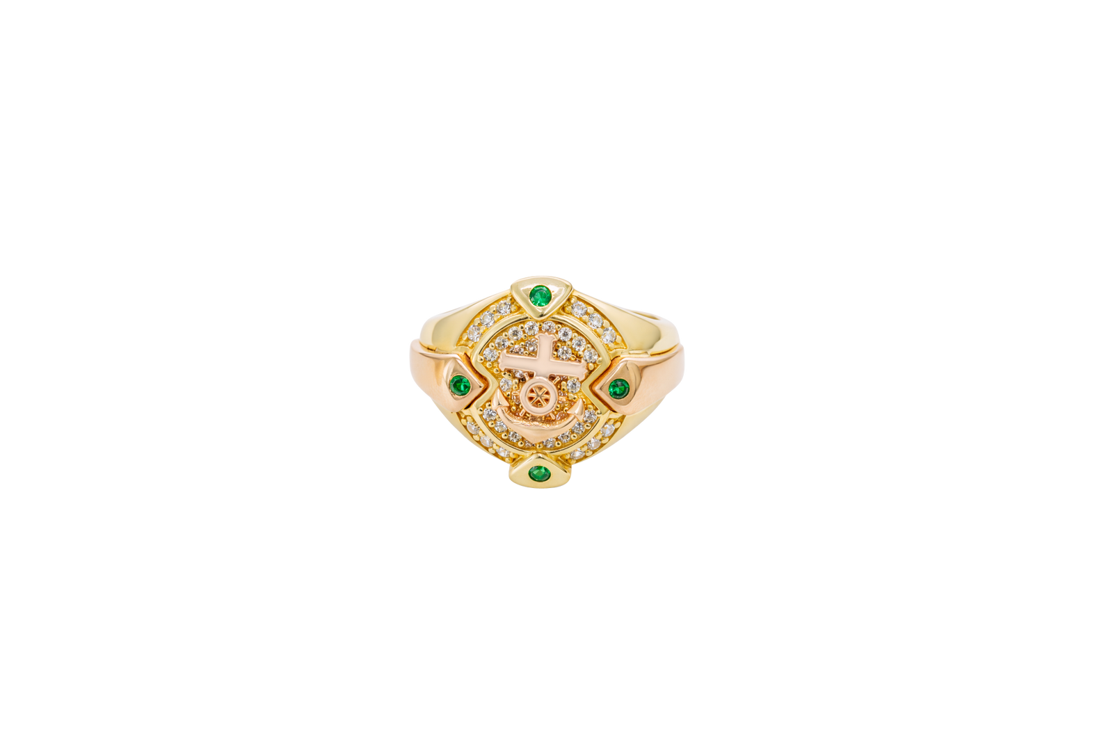 14KT Gold Ring Men's Round Two Tone Anchor White CZ Stones Background White CZ Stones Border Green CZ Stone on North, South, West, and East Border of the Ring