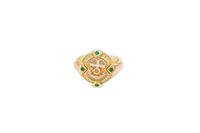 14KT Gold Ring Men's Round Two Tone Anchor White CZ Stones Background White CZ Stones Border Green CZ Stone on North, South, West, and East Border of the Ring