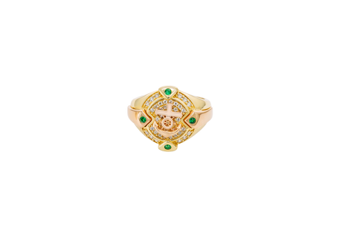 14KT Gold Ring Men's Round Two Tone Anchor White CZ Stones Background White CZ Stones Border Green CZ Stone on North, South, West, and East Border of the Ring