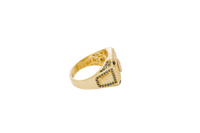 14KT Gold Ring Men's Two Tone Square Greek Border Raised Virgin Mary with Sunray Background White CZ Stone Border and Corner Design Black CZ Stone Band Design Black CZ Stones Border Raised Arrow