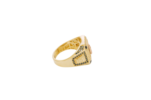 14KT Gold Ring Men's Two Tone Square Greek Border Raised Virgin Mary with Sunray Background White CZ Stone Border and Corner Design Black CZ Stone Band Design Black CZ Stones Border Raised Arrow