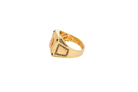 14KT Gold Ring Men's Two Tone Square Greek Border Raised Virgin Mary with Sunray Background White CZ Stone Border and Corner Design Black CZ Stone Band Design Black CZ Stones Border Raised Arrow