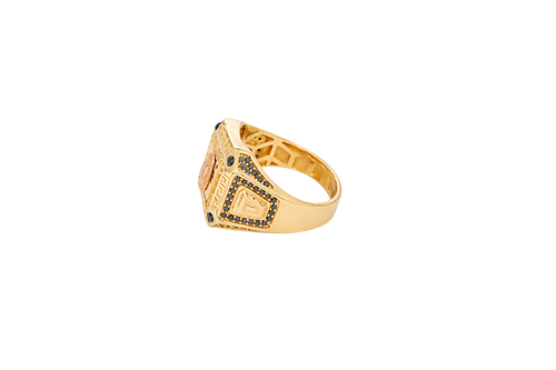 14KT Gold Ring Men's Two Tone Square Greek Border Raised Virgin Mary with Sunray Background White CZ Stone Border and Corner Design Black CZ Stone Band Design Black CZ Stones Border Raised Arrow