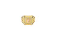 14KT Gold Ring Men's Two Tone Square Greek Border Raised Virgin Mary with Sunray Background White CZ Stone Border and Corner Design Black CZ Stone Band Design Black CZ Stones Border Raised Arrow