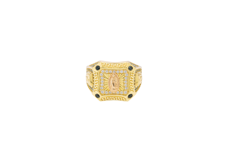14KT Gold Ring Men's Two Tone Square Greek Border Raised Virgin Mary with Sunray Background White CZ Stone Border and Corner Design Black CZ Stone Band Design Black CZ Stones Border Raised Arrow