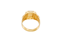 14KT Gold Ring Men's Raised Rectangle White CZ Stones Seven Row Center Rectangle Design Raised with Single Row White CZ Stones Border Side Design Single Row White CZ Stones Above Pillar Style Design with White CZ Stone Top/Lower Border