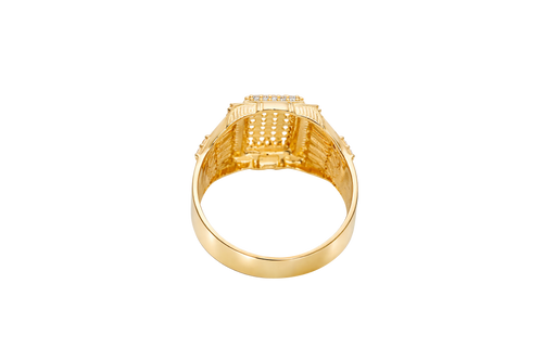 14KT Gold Ring Men's Raised Rectangle White CZ Stones Seven Row Center Rectangle Design Raised with Single Row White CZ Stones Border Side Design Single Row White CZ Stones Above Pillar Style Design with White CZ Stone Top/Lower Border