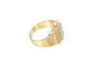 14KT Gold Ring Men's Raised Rectangle White CZ Stones Seven Row Center Rectangle Design Raised with Single Row White CZ Stones Border Side Design Single Row White CZ Stones Above Pillar Style Design with White CZ Stone Top/Lower Border