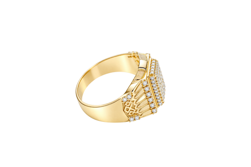 14KT Gold Ring Men's Raised Rectangle White CZ Stones Seven Row Center Rectangle Design Raised with Single Row White CZ Stones Border Side Design Single Row White CZ Stones Above Pillar Style Design with White CZ Stone Top/Lower Border