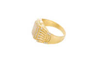 14KT Gold Ring Men's Raised Rectangle White CZ Stones Seven Row Center Rectangle Design Raised with Single Row White CZ Stones Border Side Design Single Row White CZ Stones Above Pillar Style Design with White CZ Stone Top/Lower Border