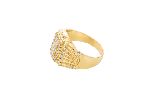 14KT Gold Ring Men's Raised Rectangle White CZ Stones Seven Row Center Rectangle Design Raised with Single Row White CZ Stones Border Side Design Single Row White CZ Stones Above Pillar Style Design with White CZ Stone Top/Lower Border
