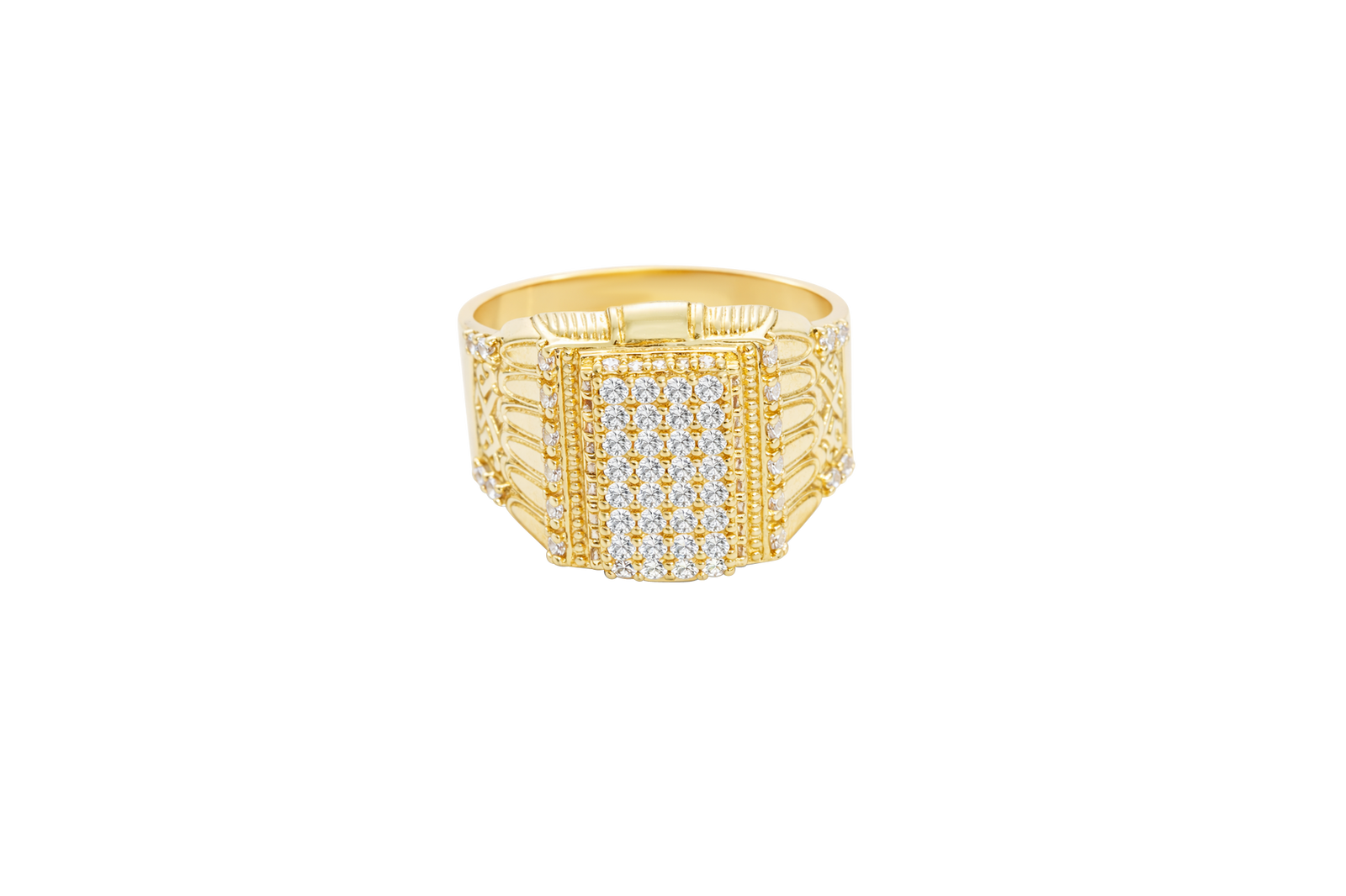 14KT Gold Ring Men's Raised Rectangle White CZ Stones Seven Row Center Rectangle Design Raised with Single Row White CZ Stones Border Side Design Single Row White CZ Stones Above Pillar Style Design with White CZ Stone Top/Lower Border