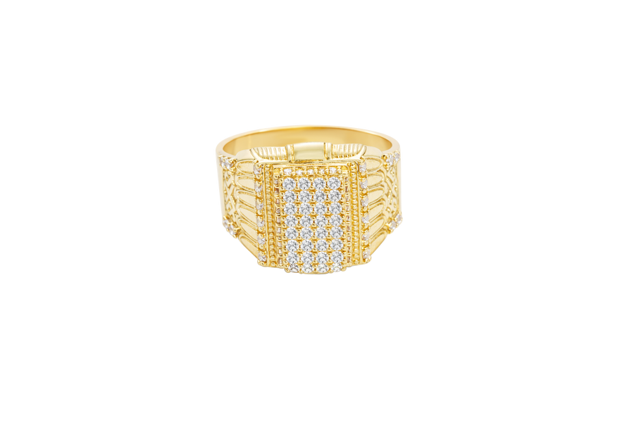14KT Gold Ring Men's Raised Rectangle White CZ Stones Seven Row Center Rectangle Design Raised with Single Row White CZ Stones Border Side Design Single Row White CZ Stones Above Pillar Style Design with White CZ Stone Top/Lower Border