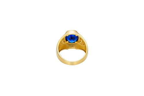 14KT Gold Ring Men's Oval Blue Round CZ Stone Plain Border Brick Print on Band