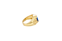 14KT Gold Ring Men's Oval Blue Round CZ Stone Plain Border Brick Print on Band
