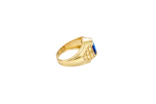 14KT Gold Ring Men's Oval Blue Round CZ Stone Plain Border Brick Print on Band