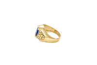 14KT Gold Ring Men's Oval Blue Round CZ Stone Plain Border Brick Print on Band