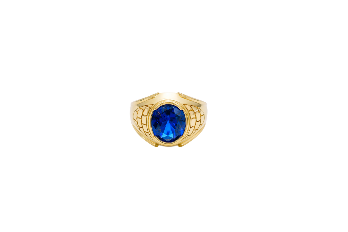 14KT Gold Ring Men's Oval Blue Round CZ Stone Plain Border Brick Print on Band