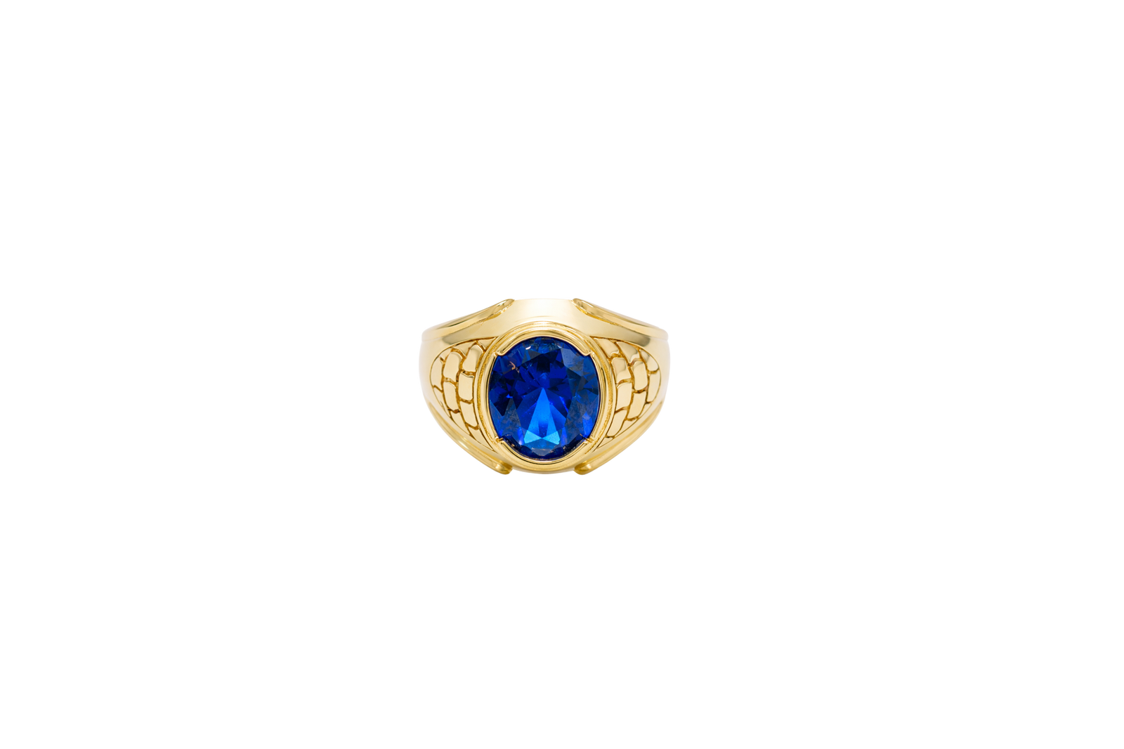 14KT Gold Ring Men's Oval Blue Round CZ Stone Plain Border Brick Print on Band