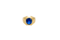 14KT Gold Ring Men's Oval Blue Round CZ Stone Plain Border Brick Print on Band