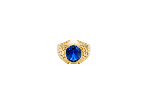 14KT Gold Ring Men's Oval Blue Round CZ Stone Plain Border Brick Print on Band