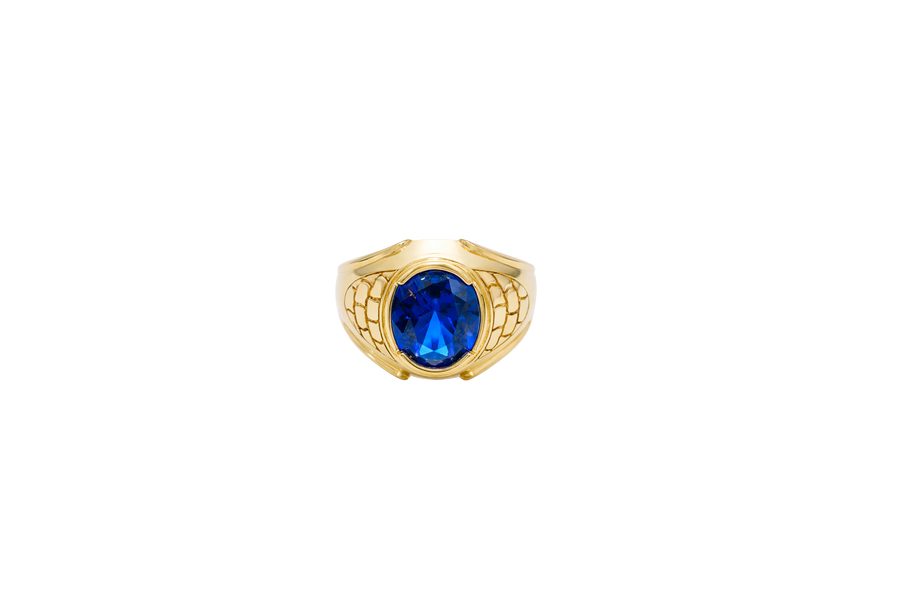 14KT Gold Ring Men's Oval Blue Round CZ Stone Plain Border Brick Print on Band