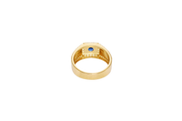 14KT Gold Ring Men's Square Blue CZ Round Center Stone White CZ Stone Border Band Design Braid with Single Row White CZ Stones Border