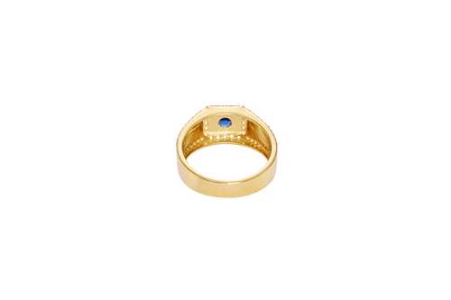 14KT Gold Ring Men's Square Blue CZ Round Center Stone White CZ Stone Border Band Design Braid with Single Row White CZ Stones Border