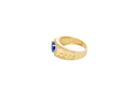 14KT Gold Ring Men's Square Blue CZ Round Center Stone White CZ Stone Border Band Design Braid with Single Row White CZ Stones Border