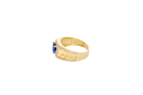14KT Gold Ring Men's Square Blue CZ Round Center Stone White CZ Stone Border Band Design Braid with Single Row White CZ Stones Border