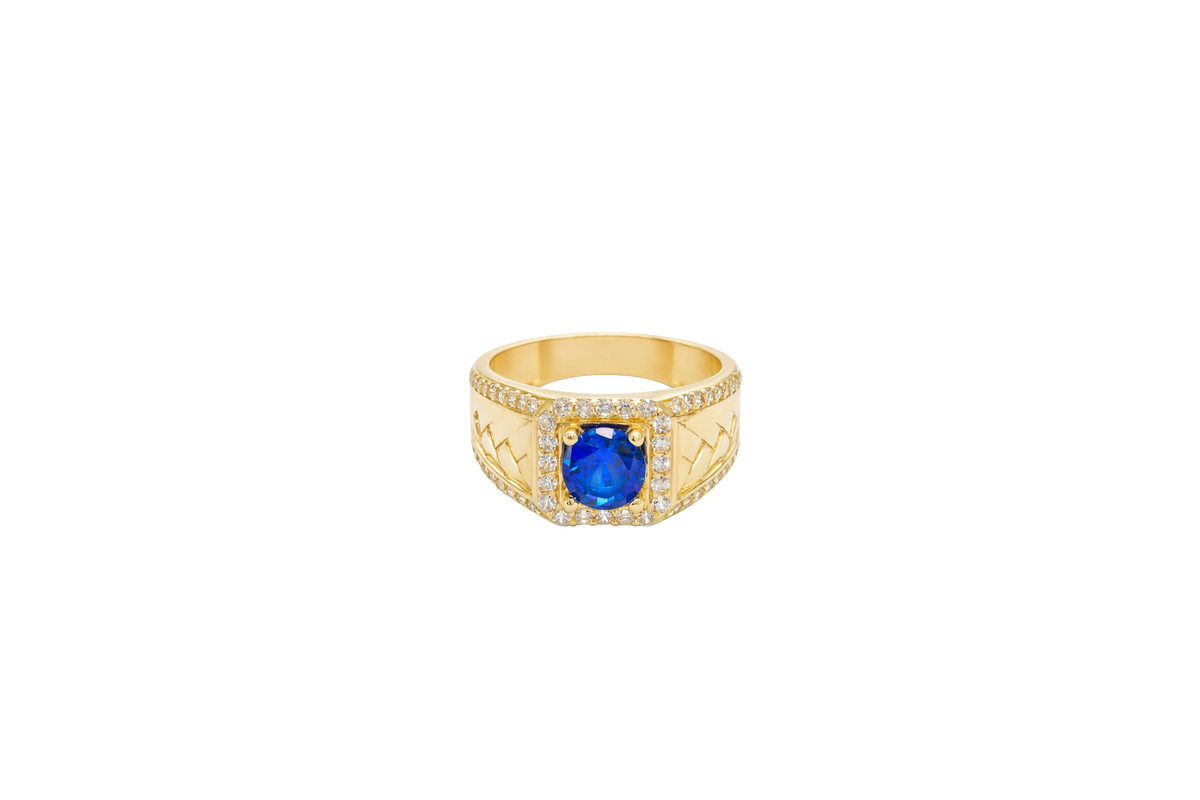 14KT Gold Ring Men's Square Blue CZ Round Center Stone White CZ Stone Border Band Design Braid with Single Row White CZ Stones Border