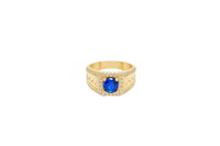 14KT Gold Ring Men's Square Blue CZ Round Center Stone White CZ Stone Border Band Design Braid with Single Row White CZ Stones Border