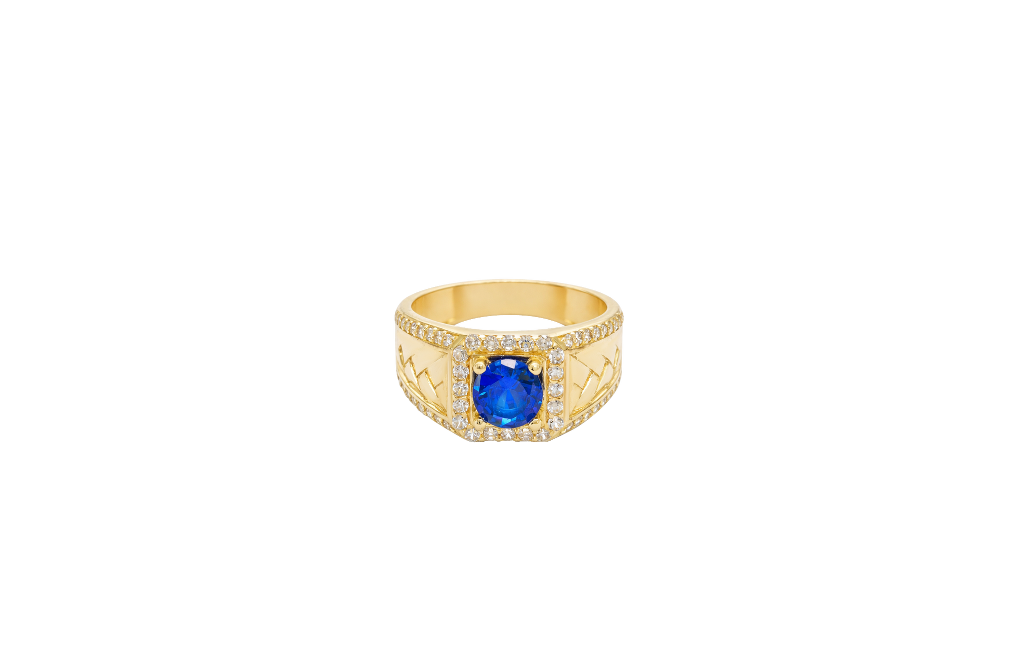 14KT Gold Ring Men's Square Blue CZ Round Center Stone White CZ Stone Border Band Design Braid with Single Row White CZ Stones Border