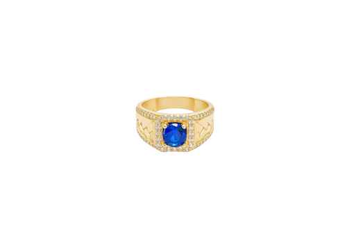 14KT Gold Ring Men's Square Blue CZ Round Center Stone White CZ Stone Border Band Design Braid with Single Row White CZ Stones Border