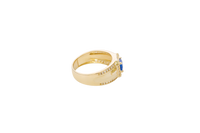 14KT Gold Ring Men's Square Blue Round CZ Center Stone with White CZ Stones Border and White CZ Stone Outer Borders of Plain Band