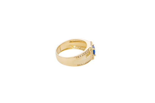 14KT Gold Ring Men's Square Blue Round CZ Center Stone with White CZ Stones Border and White CZ Stone Outer Borders of Plain Band