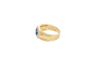 14KT Gold Ring Men's Square Blue Round CZ Center Stone with White CZ Stones Border and White CZ Stone Outer Borders of Plain Band