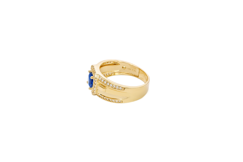 14KT Gold Ring Men's Square Blue Round CZ Center Stone with White CZ Stones Border and White CZ Stone Outer Borders of Plain Band