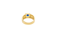 14KT Gold Ring Men's Square Blue Round CZ Center Stone with White CZ Stones Border and White CZ Stone Outer Borders of Plain Band