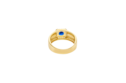 14KT Gold Ring Men's Square Blue Round CZ Center Stone with White CZ Stones Border and White CZ Stone Outer Borders of Plain Band