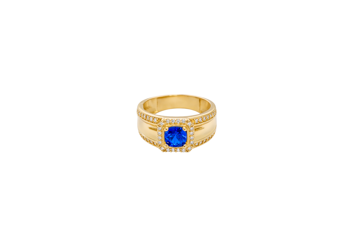 14KT Gold Ring Men's Square Blue Round CZ Center Stone with White CZ Stones Border and White CZ Stone Outer Borders of Plain Band