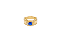 14KT Gold Ring Men's Square Blue Round CZ Center Stone with White CZ Stones Border and White CZ Stone Outer Borders of Plain Band