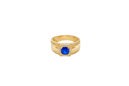 14KT Gold Ring Men's Square Blue Round CZ Center Stone with White CZ Stones Border and White CZ Stone Outer Borders of Plain Band