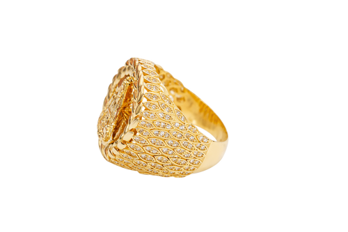 14KT Gold Ring Men's Round Caridad Cobre Wreath Border White CZ Stones Leaf Pattern on Shank (Two White CZ Stones in each Leaf)