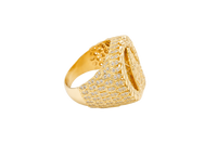 14KT Gold Ring Men's Round Caridad Cobre Wreath Border White CZ Stones Leaf Pattern on Shank (Two White CZ Stones in each Leaf)