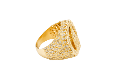 14KT Gold Ring Men's Round Caridad Cobre Wreath Border White CZ Stones Leaf Pattern on Shank (Two White CZ Stones in each Leaf)